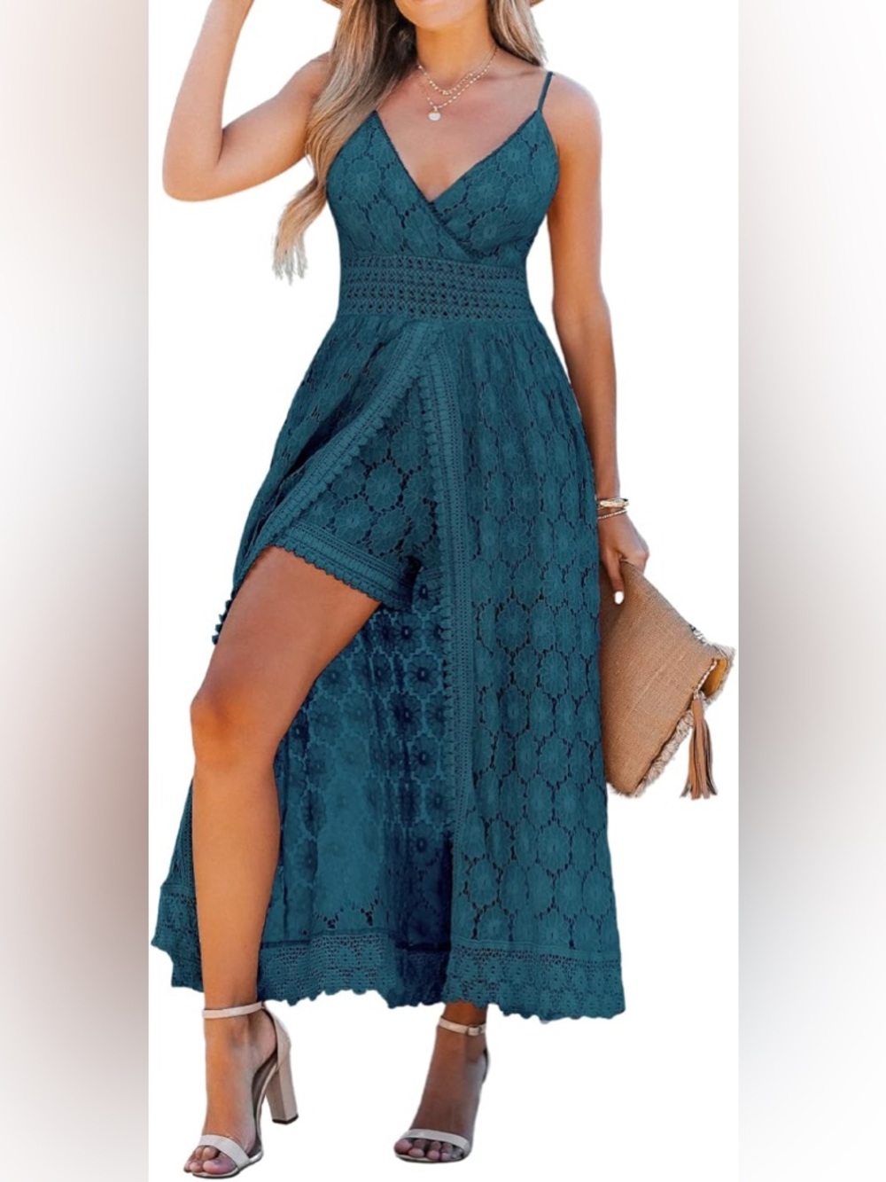 Boho Lace Romper Overlay Maxi Skirt Flowy Coastal Romantic Resort Teal Beachy